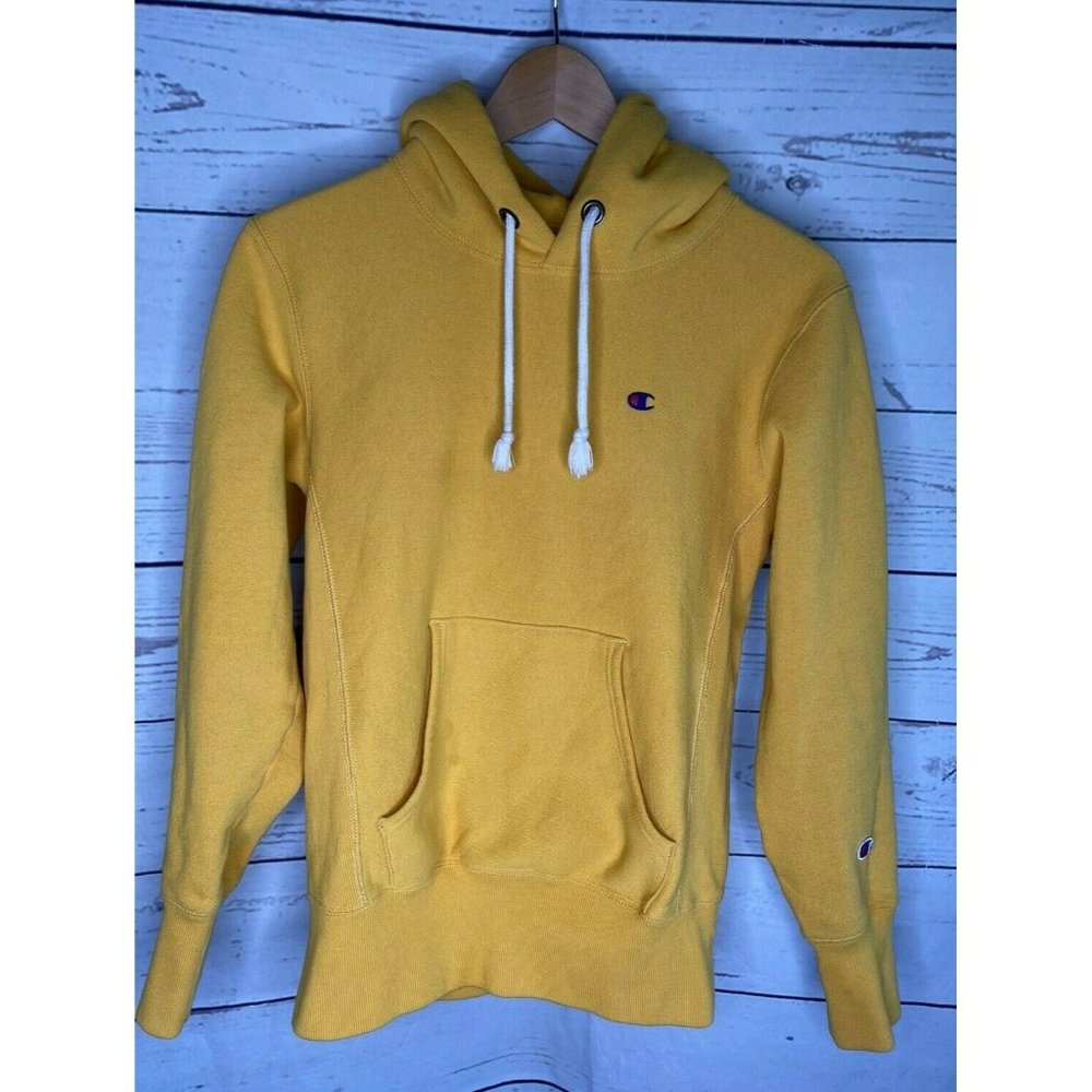 Vtg Champion USA Reverse Weave Hoodie 80s USA Warmup S Yellow Thick Cotton